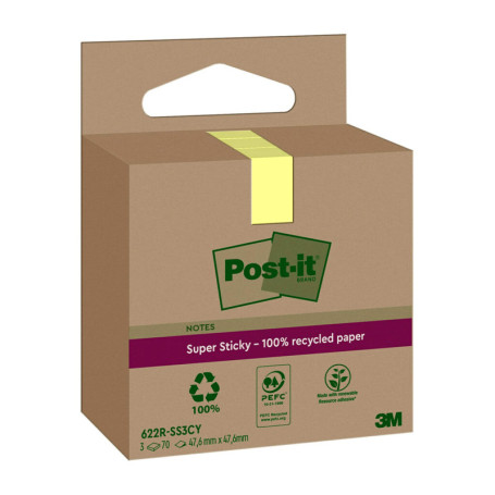 Post-it Notes Super Sticky Recyclés - Pack de 3 Blocs Jaune Canari