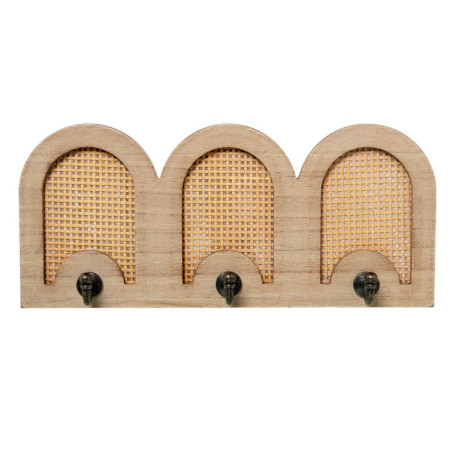 Porte-manteau mural en bois et rotin naturel avec 3 crochets DRW