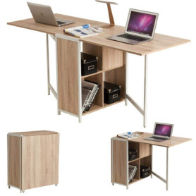 Bureau Pliable Extensible avec Bibliothèque 4 Compartiments - Beige