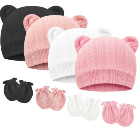 DRESHOW Ensemble Bonnets et Moufles Bébé 0-6 Mois - 4 Sets Mignons avec Oreilles d'Ours