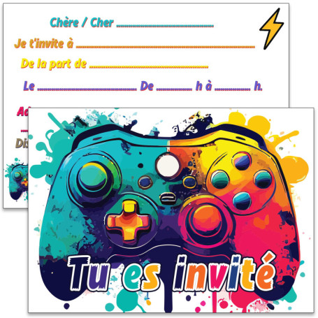 Invitations Anniversaire Enfant Gaming - 12 Cartes Colorées A6 en Français