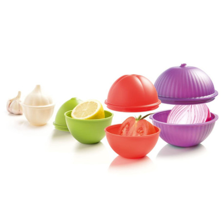 Mastrad Lot de 4 Boîtes de Conservation pour Légumes - Ail, Oignon, Citron, Tomate - Vert