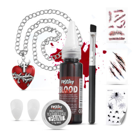 Set d'Accessoires Vampire Festicy pour Halloween - Faux Sang, Dents et Tatouages