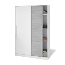 Armoire à 2 Portes Coulissantes avec Barre de Suspension - Finition Blanche Artik et Ciment