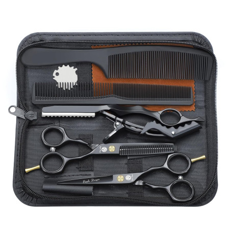Kit de Ciseaux de Coiffure Professionnel Noir Ciseaux Coiffure 5,5 pouces Inox Peigne Rasoir Acier Ciseaux Coiffure Desepaissir 
