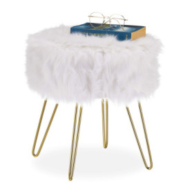Tabouret en Fourrure Élégant Blanc et Doré - Relaxdays