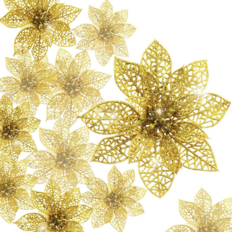 Ensemble de 30 Poinsettias Dorés à Paillettes pour Noël