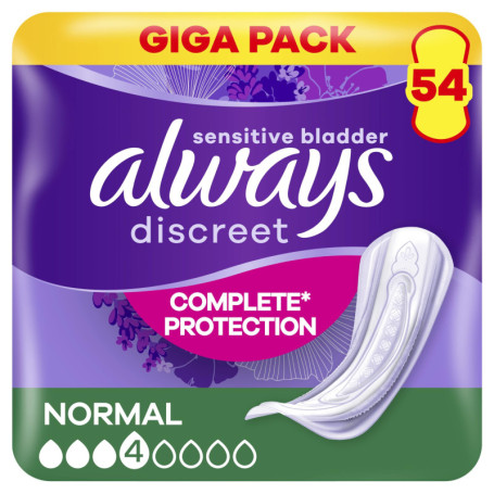 Always Discreet Serviettes Normal pour Fuites Urinaires - Protection Discrète et Fiable, 54 Unités