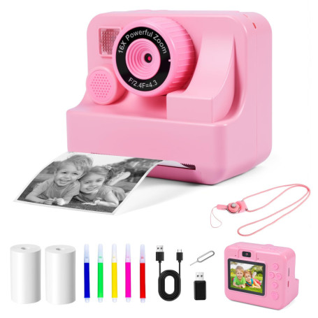 Appareil Photo Instantané Carehabi 1080P pour Enfants avec Impression et Carte 32 Go
