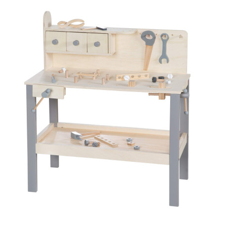 Établi en Bois pour Enfant avec Outils - Banc de Bricolage Naturel et Gris