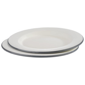 Lot de 2 Assiettes Plates en Émail Ø 26 cm - Blanc Crème avec Bord Gris