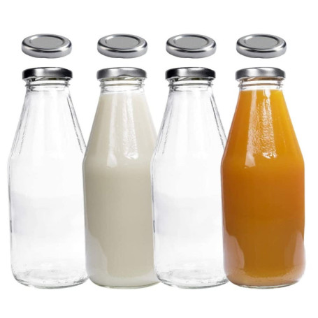 Lot de 4 Bouteilles en Verre 500 ml avec Couvercles Argentés et Étiquettes