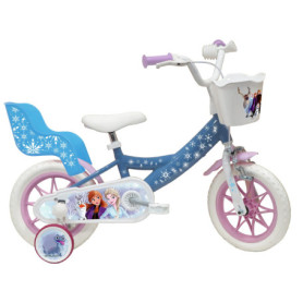 Vélo 12" Reine des Neiges pour Fille avec Panier et Stabilisateurs - Bleu Ciel