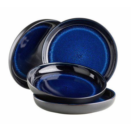 Ensemble d'Assiettes Creuses Niara pour 4 Personnes - Céramique Vintage Bleu/Noir
