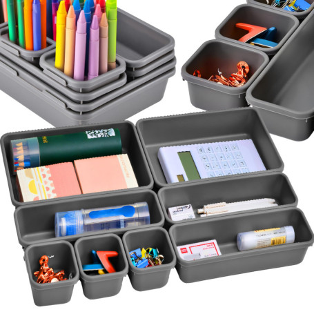 Lot de 8 organiseurs de tiroirs modulaires en plastique - Gris