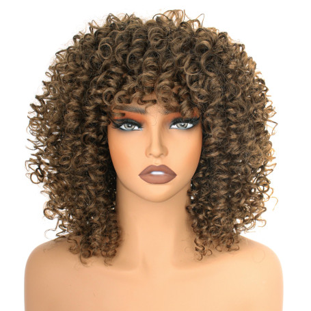 PORSMEER perruque brune courte afro bresilienne Bouclée avec frange pour femmes noires court kinky curly cheveux perruque synthé