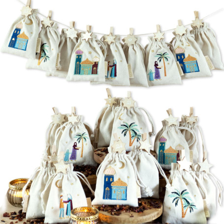 Calendrier du Ramadan DIY en Coton - 30 Sacs Colorés à Remplir