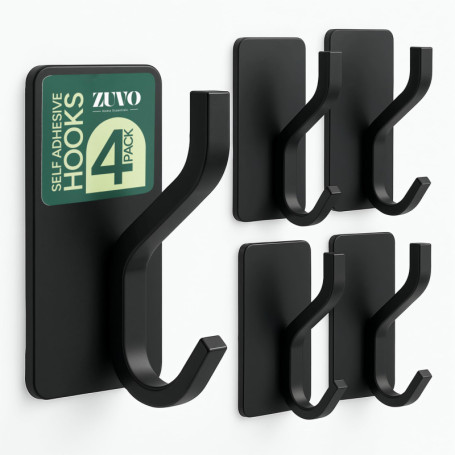 Zuvo Lot de 4 Crochets Muraux Auto-Adhésifs Noirs - Robustes et Imperméables