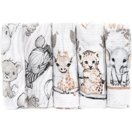 FENSILO Lot de 5 Langes en Mousseline 70x80 cm pour Bébé - Motifs Girafe et Éléphant