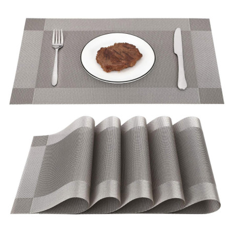 Set de Table Lavable en PVC et Polyester - Lot de 6 Antidérapants Gris