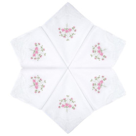 Mouchoirs en Coton Blancs Brodés Fleurs Roses - Lot de 6