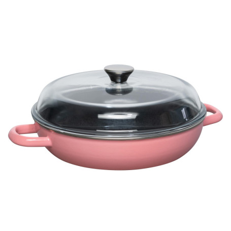 Sauteuse en Émail Rose avec Couvercle en Verre - 28 cm