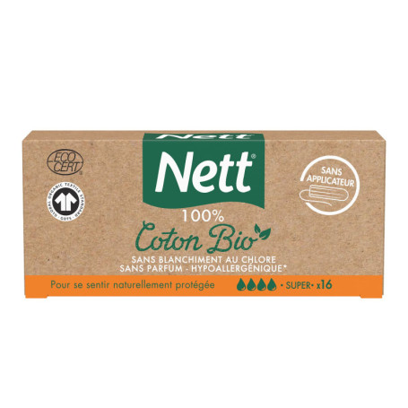 Tampons Nett 100% Coton Bio Super Sans Applicateur - Boîte de 16