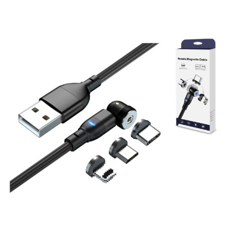Câble USB Magnétique 540° 2m avec LED - 3 en 1 Type C, Micro, 8 Pin