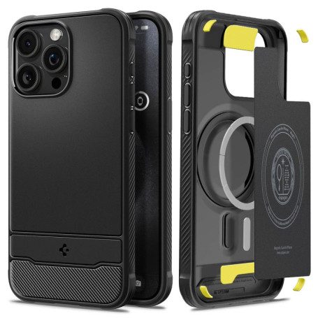 Coque Magnétique Spigen Rugged Armor pour iPhone 15 Pro - Fibre de Carbone Noir Mat