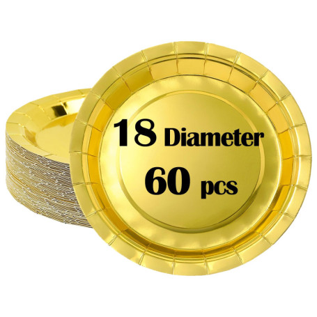 LANSKYLAN Lot de 60 Assiettes Jetables Dorées pour Anniversaire et Fêtes