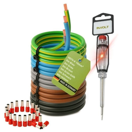 Kit de câbles INVOLT H07V-K 10 mm² avec embouts et testeur de tension