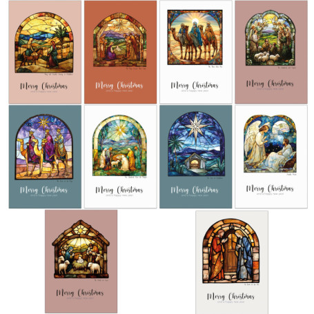 Pack de 30 cartes de Noël religieuses avec motifs en vitrail et enveloppes kraft
