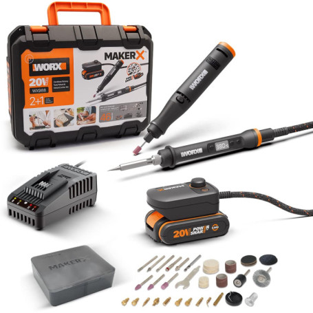 Kit MakerX WORX Outil Rotatif et Fer à Souder 20V avec Batterie 2Ah