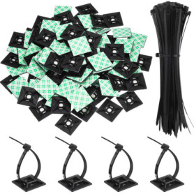 Pack de 100 Attaches Câbles Auto-Adhésives Noires - Supports Universels pour Gestion de Câbles
