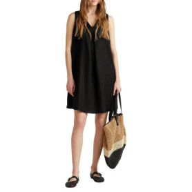 Robe Courte en Lin Noir avec Col en V - United Colors of Benetton