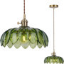 Suspension Vintage en Verre Vert avec Abat-jour Floral pour Éclairage Intérieur