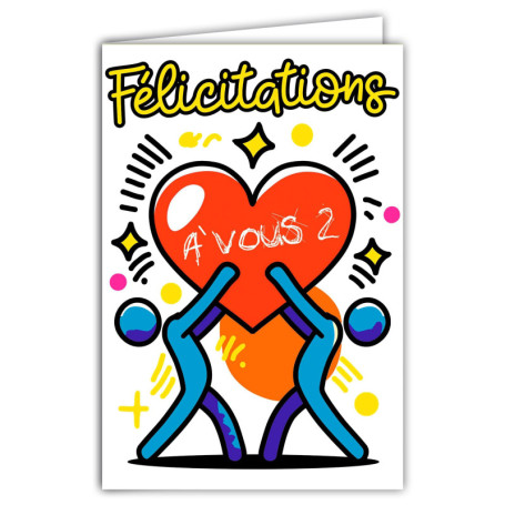 Carte FLUO Félicitations pour Couple Amoureux - Cœur Rouge - 12x17,5cm