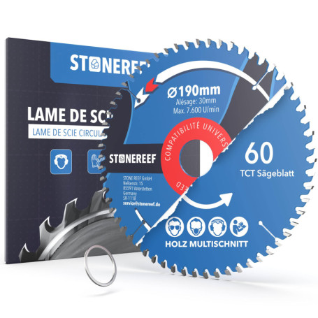 Lame de Scie Circulaire 190 mm avec Adaptateur - Compatible Bosch et Makita