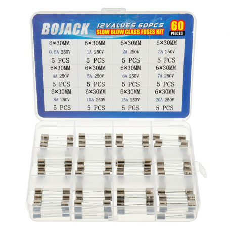 Kit de Fusibles en Verre BOJACK - 60 Pièces Assorties 6x30 mm 250V