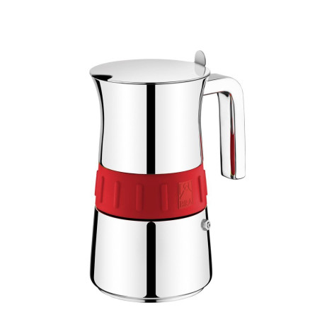 Cafetière Italienne BRA Elegance en Acier Inoxydable - 10 Tasses, Gris et Rouge