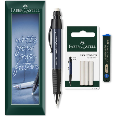 Porte-mines Faber-Castell Grip Plus avec 12 mines HB et gommes - Corps bleu ergonomique