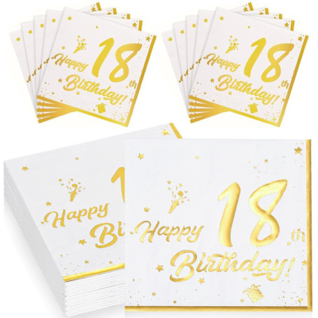 Serviettes en Papier Blanc 18e Anniversaire - 40 Pièces avec Impression 'Happy Birthday'