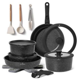 Ensemble de Batterie de Cuisine Antiadhésive 18 Pièces avec Poignées Amovibles - Compatible Induction