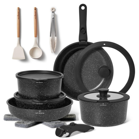 Ensemble de Batterie de Cuisine Antiadhésive 18 Pièces avec Poignées Amovibles - Compatible Induction