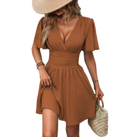 LIAMERHE Mini Robe Femme Manches Longues/Manches Courtes Col V Chic et Elegant Robes Manches Lanternes D'été et Hiver A-Line Cas