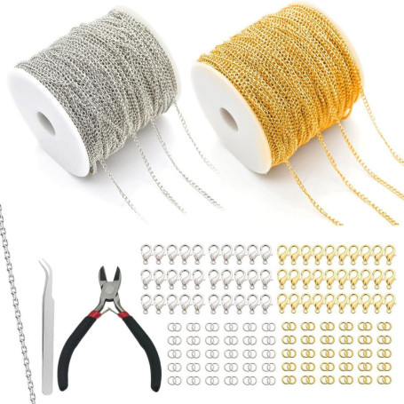 Kit Création Bijoux DIY - 2 Volumes de Chaînes en Acier Inoxydable 10m Or et Argent avec Outils