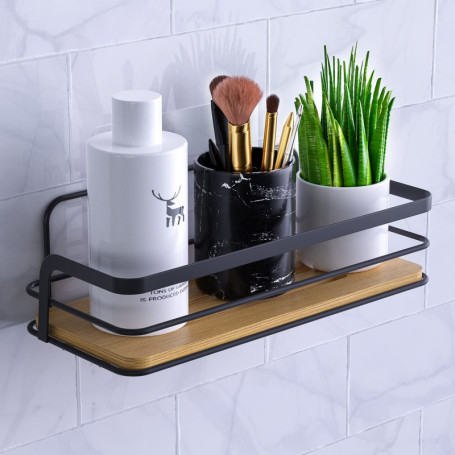 Étagère de Douche Autocollante en Bambou et Métal - Noir