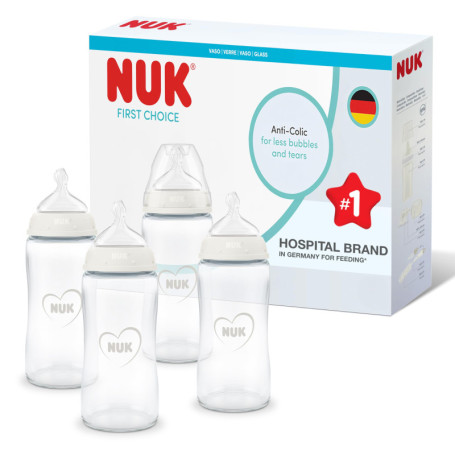 Biberons NUK First Choice en Verre - Lot de 4, 240 ml, Anti-Colique, 0+ Mois