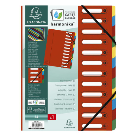 Trieur Harmonika Exacompta Rouge à Fenêtres et Élastiques - 12 Compartiments