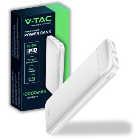 V-TAC Power Bank 10000 mAh avec Charge Rapide PD 22,5W - Blanc